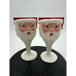 Set Of 2 Vintage Plastic Santa Christmas Goblet Stem Cup